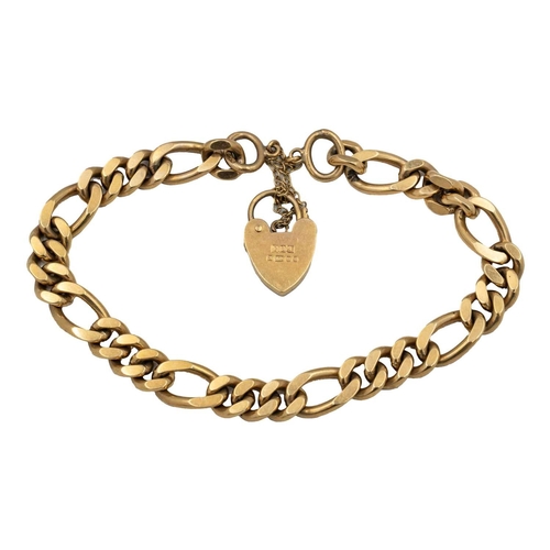 133 - A 9k Figaro link bracelet with padlock clasp. Hallmarked, width 7mm, 21.9g.