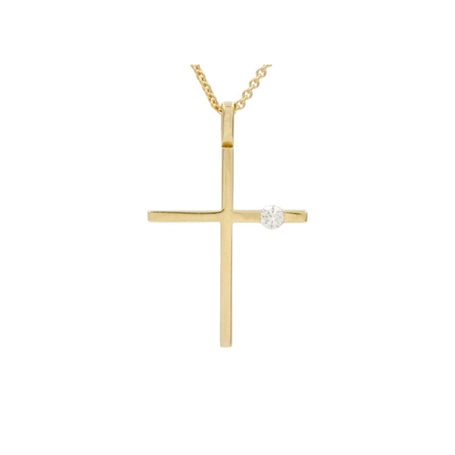147 - An 18k gold diamond set cross pendant on an 18k gold cable chain necklace. The round brilliant-cut w... 