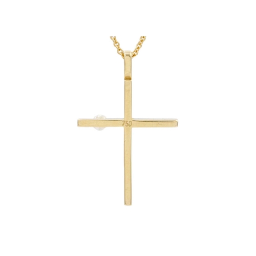 147 - An 18k gold diamond set cross pendant on an 18k gold cable chain necklace. The round brilliant-cut w... 