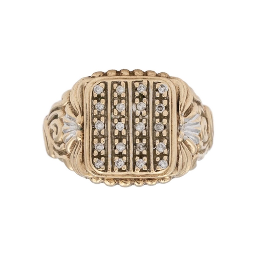 173 - A 9k gold and diamond gentleman's ring. The cast ring set with twenty round brilliant-cut diamonds, ... 