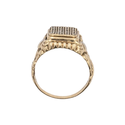 173 - A 9k gold and diamond gentleman's ring. The cast ring set with twenty round brilliant-cut diamonds, ... 