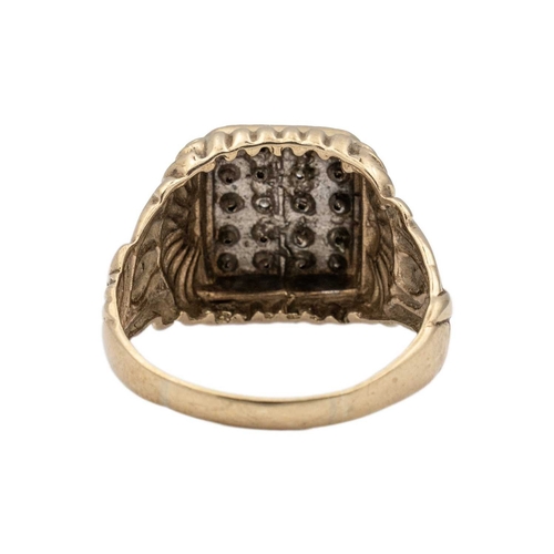 173 - A 9k gold and diamond gentleman's ring. The cast ring set with twenty round brilliant-cut diamonds, ... 