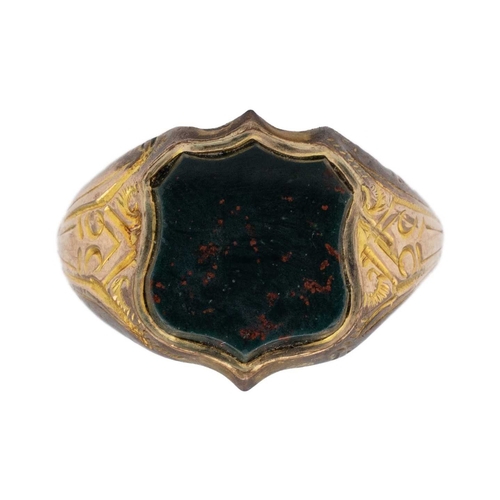 175 - A Victorian 9k gold bloodstone set signet ring. Stamped 9.375, by A.RS, the ring size N, total weigh... 