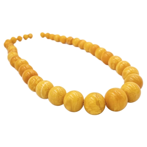 33 - A large butterscotch amber graduated bead necklace. Spherical beads are 11mm-26mm in diameter, thirt... 