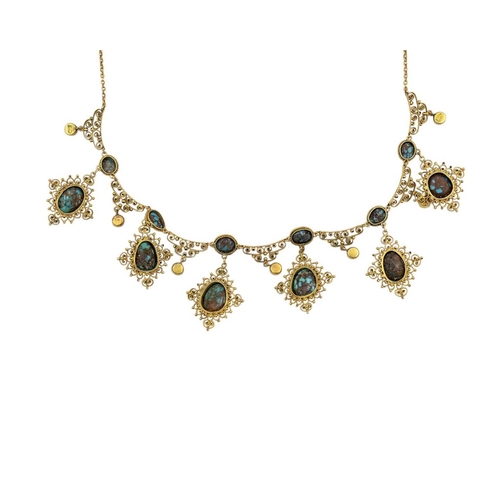 36 - A 19th-century Etruscan Revival gold filigree turquoise and mother-of-pearl set fringe necklace. The... 