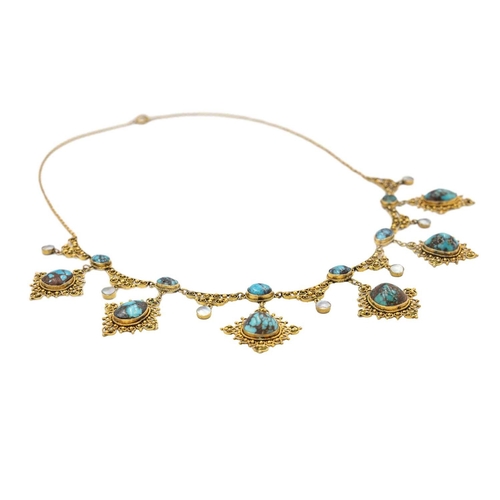 36 - A 19th-century Etruscan Revival gold filigree turquoise and mother-of-pearl set fringe necklace. The... 