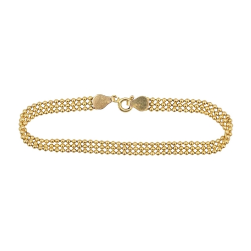 38 - A 9k gold three-row bead link bracelet. Fitted with a spring clasp, the width is 5.6mm, the length 7... 