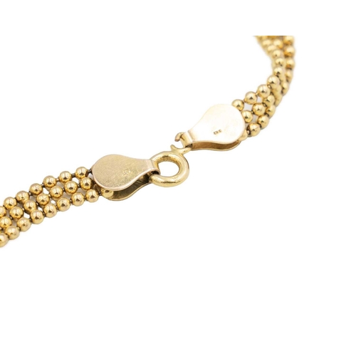 38 - A 9k gold three-row bead link bracelet. Fitted with a spring clasp, the width is 5.6mm, the length 7... 