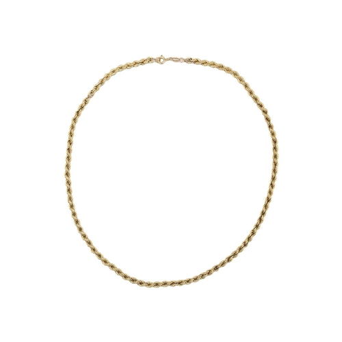 39 - A 9k gold rope chain necklace. Fitted with a spring clasp, the length 17