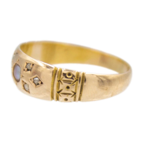 59 - A Victorian 15k gold split pearl and diamond set band ring. Set with six tiny rose-cut white diamond... 