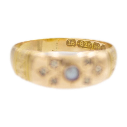 59 - A Victorian 15k gold split pearl and diamond set band ring. Set with six tiny rose-cut white diamond... 