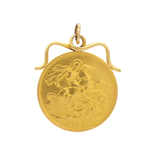 9 - A Two Pound Double Sovereign coin pendant. The coin is dated 1887 and fitted on a lower-purity gold ... 