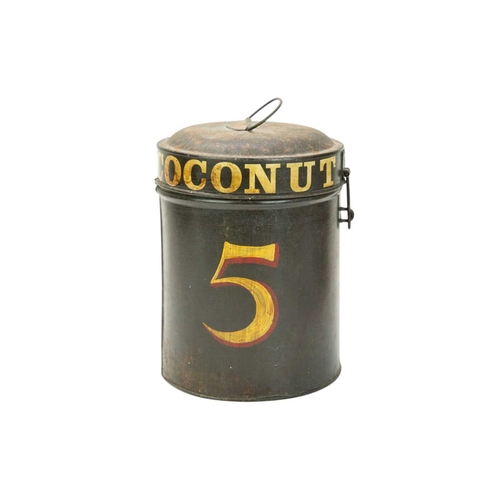 12 - A painted toleware tobaccanist's canister. 'Ogden's Coconut', 5, height 24cm. In our opinion this ca... 