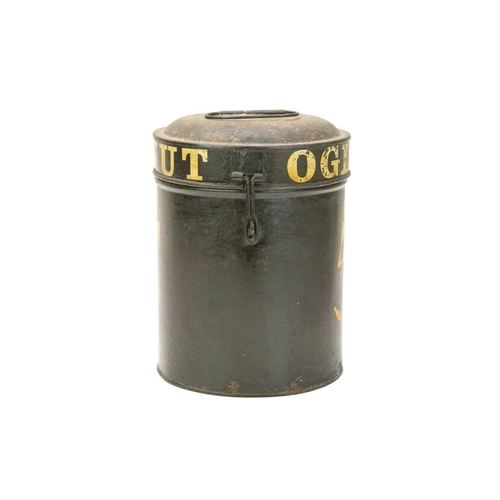 12 - A painted toleware tobaccanist's canister. 'Ogden's Coconut', 5, height 24cm. In our opinion this ca... 