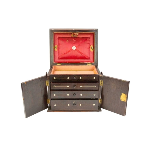 16 - A rosewood and mother of pearl inlaid work box. 19th century, with a hinged top opening to a silk-li... 