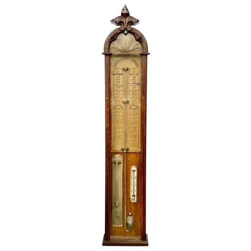 221 - A Victorian Admiral Fitzroy oak cased barometer/weather station. With a carved crest, and printed ca... 