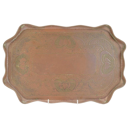 4 - A J & F Pool, Hayle copper tray. Engraved with an Art Nouveau design, on a hammered ground, 28 x 44c... 