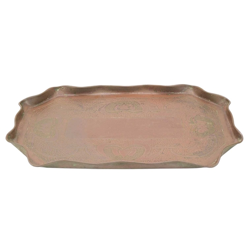 4 - A J & F Pool, Hayle copper tray. Engraved with an Art Nouveau design, on a hammered ground, 28 x 44c... 