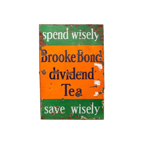 52 - A Brooke Bond dividend Tea enamel advertising sign. With an orange and green ground, inscribed 'spen... 