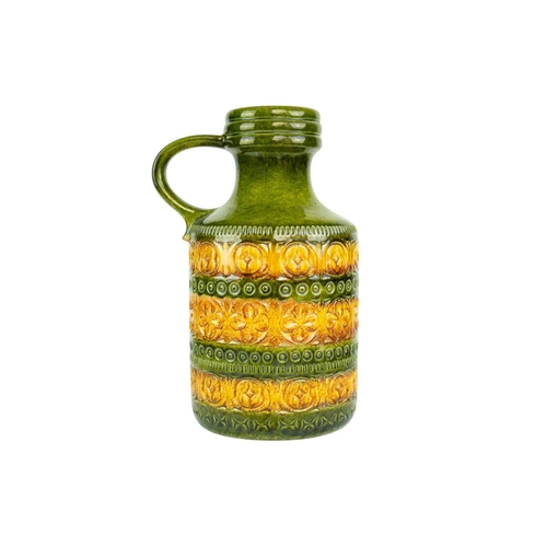 715 - A graduated pair of West German vases. Green and ochre glaze, each with a side handle and impressed ... 