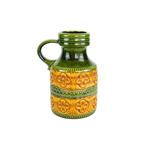 715 - A graduated pair of West German vases. Green and ochre glaze, each with a side handle and impressed ... 