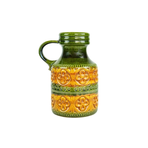 715 - A graduated pair of West German vases. Green and ochre glaze, each with a side handle and impressed ... 