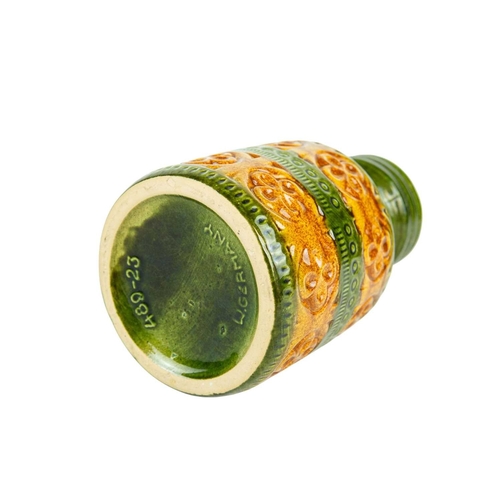 715 - A graduated pair of West German vases. Green and ochre glaze, each with a side handle and impressed ... 
