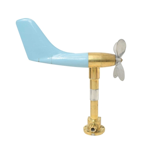109 - A ship's anemometer. Featuring a brass column and four-blade propeller, with an enamelled blue fibre... 