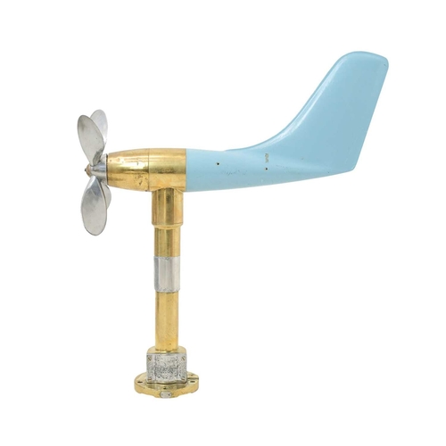 109 - A ship's anemometer. Featuring a brass column and four-blade propeller, with an enamelled blue fibre... 