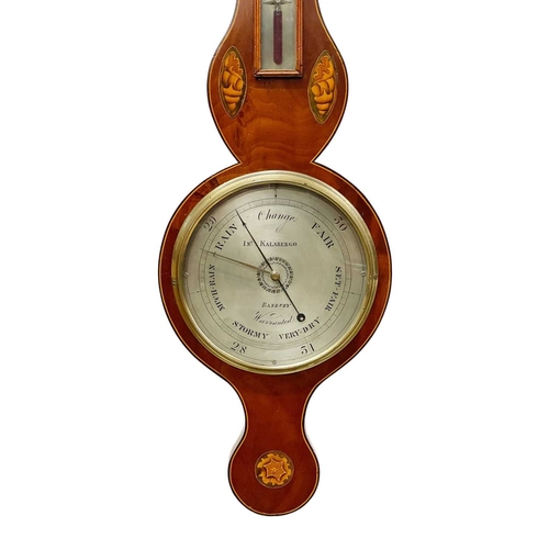 113 - John Kalabergo of Banbury (1812-1852). A 19th century Sheraton style inlaid mahogany wheel barometer... 