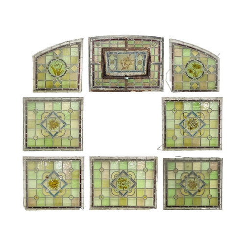 117 - A collection of leaded stained glass panels. Late 19th century in need of restoration, various shape... 