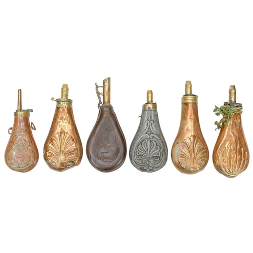 123 - Four 19th century copper powder flasks. One with repousse decoration of a dog and pheasants, length ... 