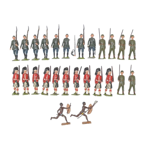 161 - Britains Lead Soldiers. Lot comprises:13 marching soldiers in green hard hats plus officer10 marchin... 