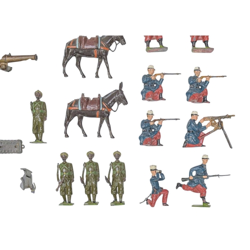 180 - Lead toy soldiers. 22 French Foreign Legion, 5 Sikh Infantry, miscellaneous flag bearers, gun crew, ... 