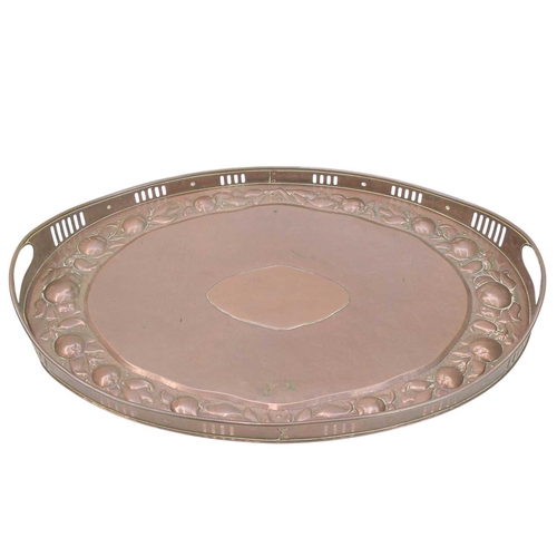 206 - A Newlyn oval galleried copper tray. With twin handles and pierced sides, with a broad border of med... 