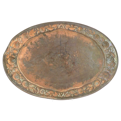 206 - A Newlyn oval galleried copper tray. With twin handles and pierced sides, with a broad border of med... 