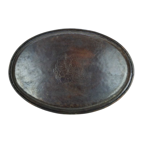207 - A Hugh Wallis copper and inlaid tray. With central pewter inlaid vine and grape decoration and chequ... 