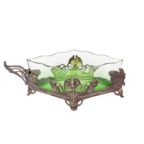 233 - An Art Nouveau WMF centrepiece bowl. An ombre green glass frilled edge dish, contained within a silv... 
