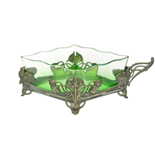 233 - An Art Nouveau WMF centrepiece bowl. An ombre green glass frilled edge dish, contained within a silv... 