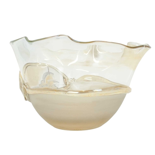 251 - Ion Tamaian (1954, Romanian) Art glass bowl. With a ruffled rim, opaque glass base with abstract pai... 