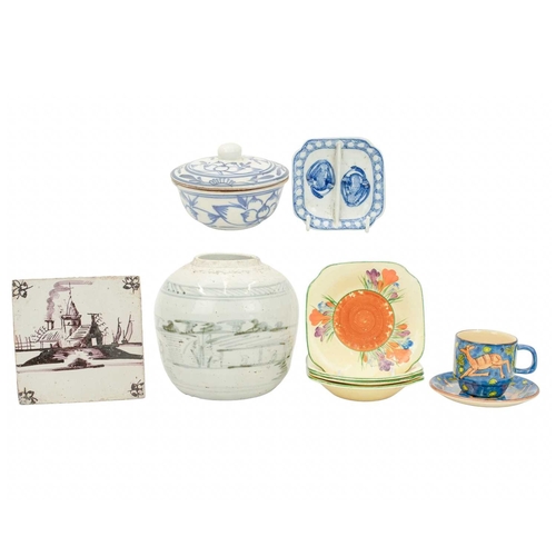 283 - Mixed ceramics. Including a set of four Clarice Cliff crocus pattern small dishes, width 12.5cm, a D... 