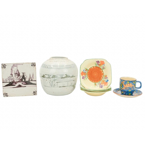 283 - Mixed ceramics. Including a set of four Clarice Cliff crocus pattern small dishes, width 12.5cm, a D... 
