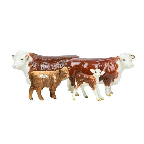289 - Beswick. A Hereford bull, cow and calf, together with a Highland calf, all with 'Beswick England' ba... 