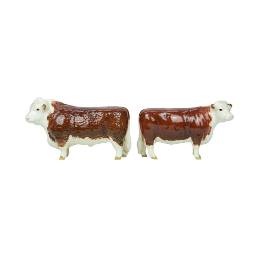 289 - Beswick. A Hereford bull, cow and calf, together with a Highland calf, all with 'Beswick England' ba... 