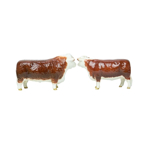 289 - Beswick. A Hereford bull, cow and calf, together with a Highland calf, all with 'Beswick England' ba... 