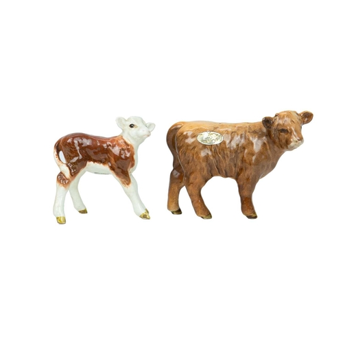 289 - Beswick. A Hereford bull, cow and calf, together with a Highland calf, all with 'Beswick England' ba... 