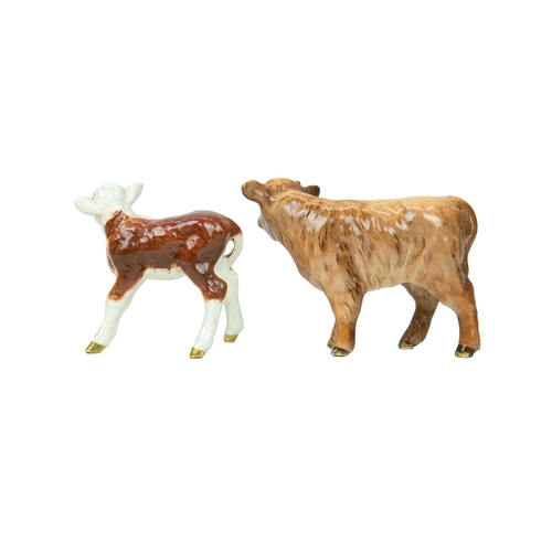 289 - Beswick. A Hereford bull, cow and calf, together with a Highland calf, all with 'Beswick England' ba... 