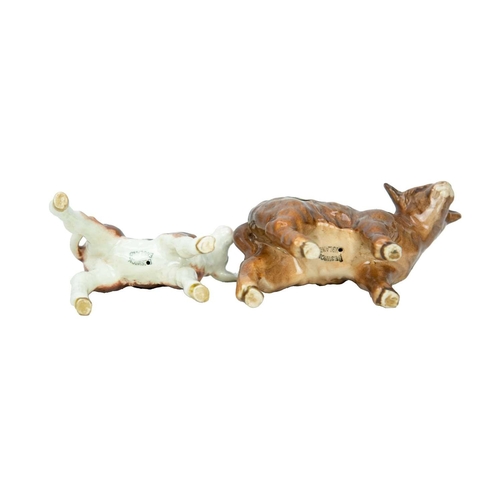 289 - Beswick. A Hereford bull, cow and calf, together with a Highland calf, all with 'Beswick England' ba... 