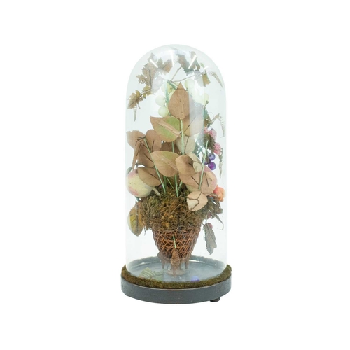 29 - A Victorian taxidermy, silk and wax display. Featuring a budgerigar on a basket of fruit and flowers... 