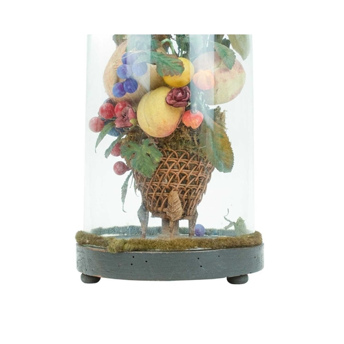 29 - A Victorian taxidermy, silk and wax display. Featuring a budgerigar on a basket of fruit and flowers... 